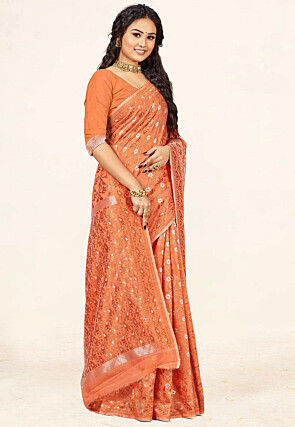 Woven Cotton Saree in Orange