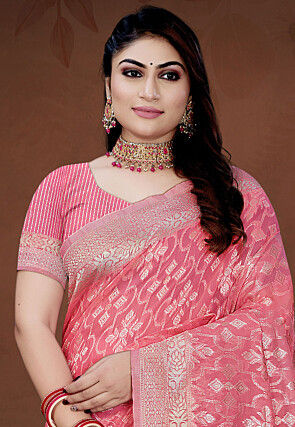 Woven Cotton Saree in Peach