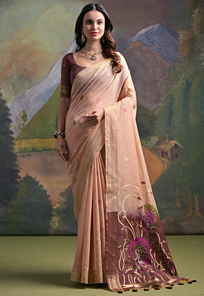 Woven Cotton Saree in Peach