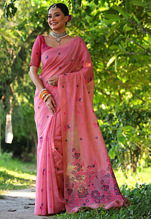Woven Cotton Saree in Pink