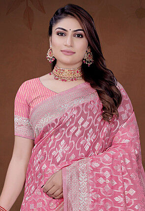 Woven Cotton Saree in Pink
