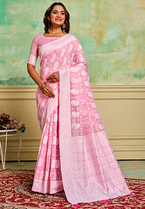 Woven Cotton Saree in Pink