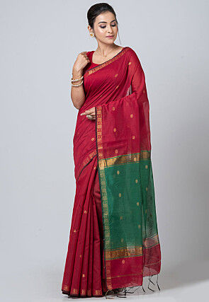 Woven Cotton Saree in Red