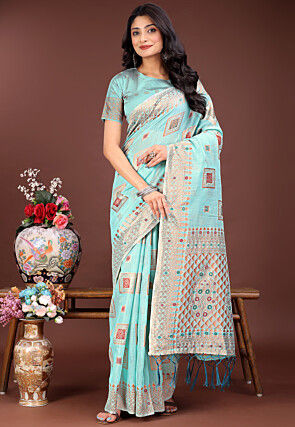 Woven Cotton Saree in Sea Green