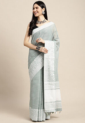 Woven Cotton Saree in Sea Green