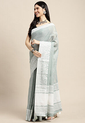 Woven Cotton Saree in Sea Green