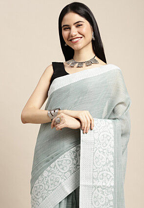 Woven Cotton Saree in Sea Green