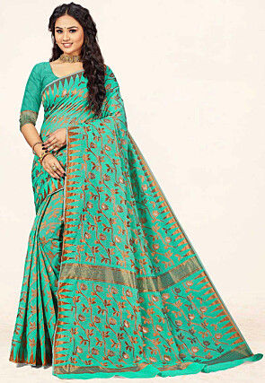 Woven Cotton Saree in Sea Green
