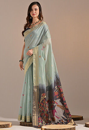 Woven Cotton Saree in Sea Green