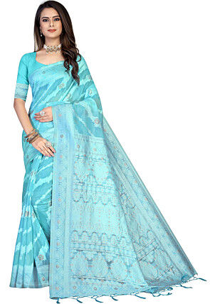 Woven Cotton Saree in Sky Blue