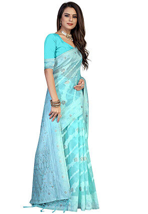 Woven Cotton Saree in Sky Blue