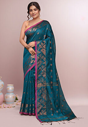 Woven Cotton Saree in Teal Green