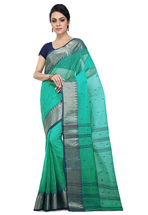Woven Cotton Saree in Teal Green