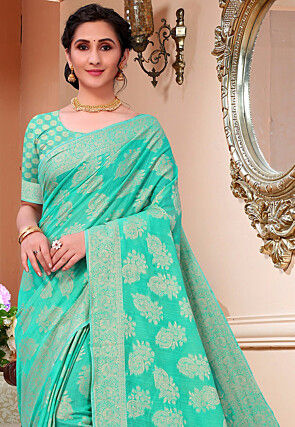 Woven Cotton Saree in Teal Green
