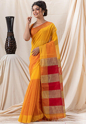 Woven Cotton Saree in Yellow and Orange