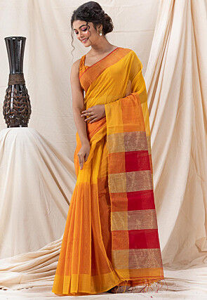Woven Cotton Saree in Yellow and Orange
