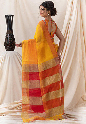 Woven Cotton Saree in Yellow and Orange