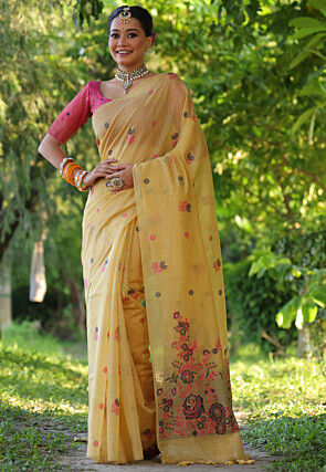 Woven Cotton Saree in Yellow
