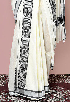 Woven Cotton Settu Mundu South Indian Saree in Off White
