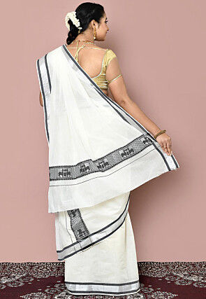 Woven Cotton Settu Mundu South Indian Saree in Off White