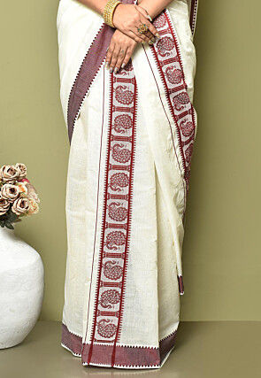 Woven Cotton Settu Mundu South Indian Saree in Off White