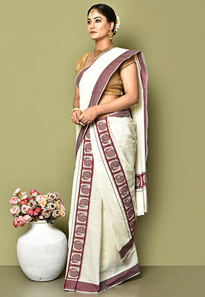 Woven Cotton Settu Mundu South Indian Saree in Off White