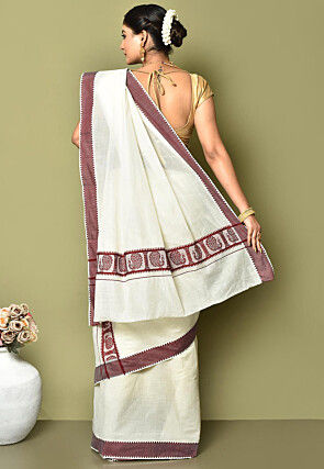 Woven Cotton Settu Mundu South Indian Saree in Off White