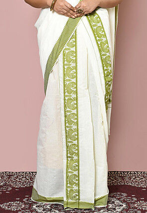 Woven Cotton Settu Mundu South Indian Saree in Off White