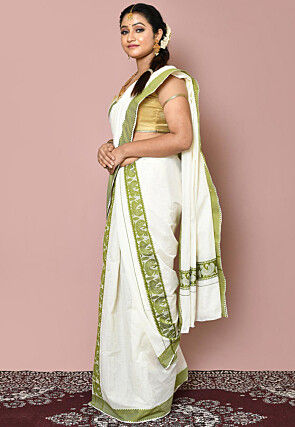 Woven Cotton Settu Mundu South Indian Saree in Off White
