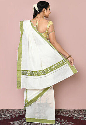 Woven Cotton Settu Mundu South Indian Saree in Off White