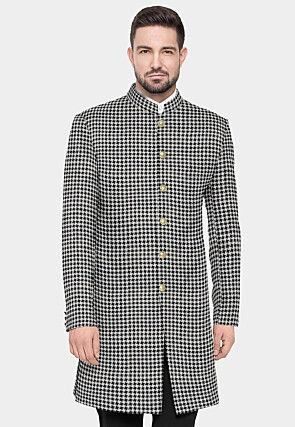 Woven Cotton Sherwani in Black And White