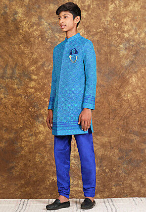 Woven Cotton Sherwani in Royal Blue