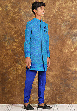 Woven Cotton Sherwani in Royal Blue