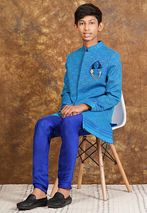 Woven Cotton Sherwani in Royal Blue