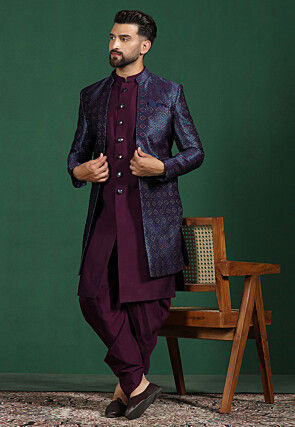 Woven Cotton Sherwani in Violet