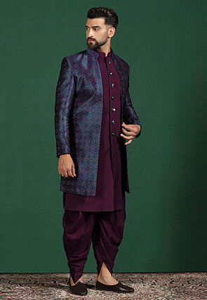 Woven Cotton Sherwani in Violet