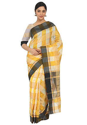 Woven Cotton Silk Blend Saree in Yellow and White