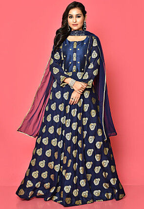 Woven Cotton Silk Gowns in Navy Blue