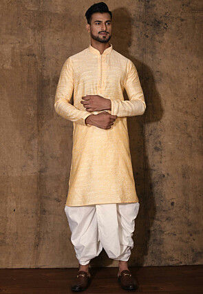 Woven Cotton Silk Jacquard Dhoti Kurta in Peach