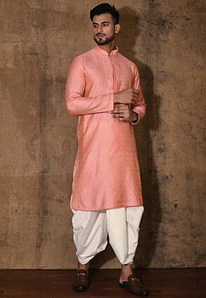 Woven Cotton Silk Jacquard Dhoti Kurta in Peach