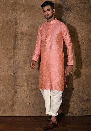 Woven Cotton Silk Jacquard Dhoti Kurta in Peach
