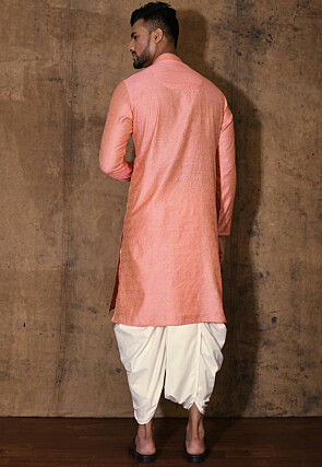 Woven Cotton Silk Jacquard Dhoti Kurta in Peach