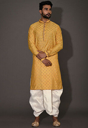 Woven Cotton Silk Jacquard Dhoti Kurta in Yellow