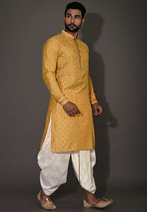 Woven Cotton Silk Jacquard Dhoti Kurta in Yellow