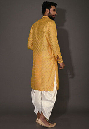 Woven Cotton Silk Jacquard Dhoti Kurta in Yellow