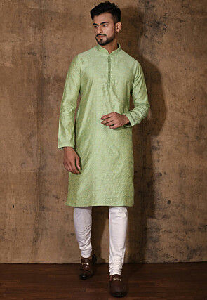 Woven Cotton Silk Jacquard Kurta in Light Green