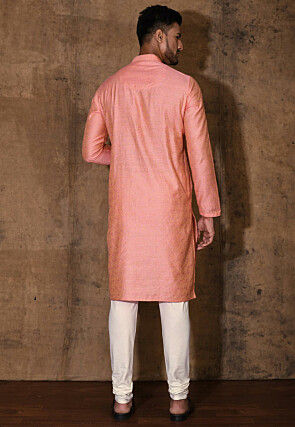Woven Cotton Silk Jacquard Kurta in Peach