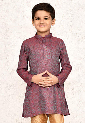 Woven Cotton Silk Jacquard Kurta in Red