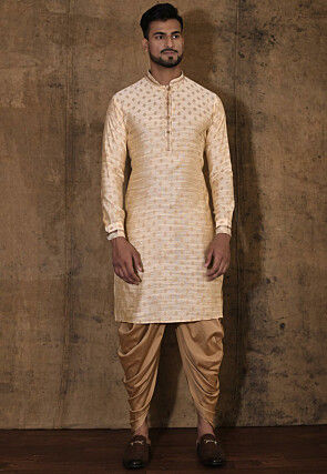 Woven Cotton Silk Jacquard Kurta Set in Beige