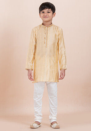 Woven Cotton Silk Jacquard Kurta Set in Beige